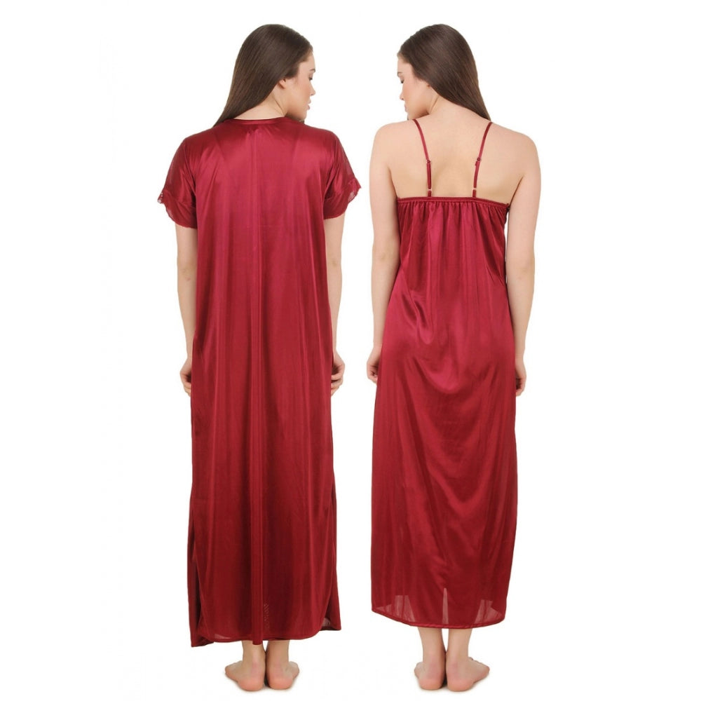 Women's Satin 2 PCs Set of Nighty And Wrap Gown with Half Sleeve(Color: Black, Neck Type: V Neck)