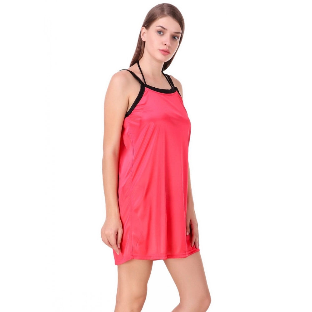 Women's Satin Short Nighty with Half Sleeve(Color: Coral Red and Black, Neck Type: V Neck)
