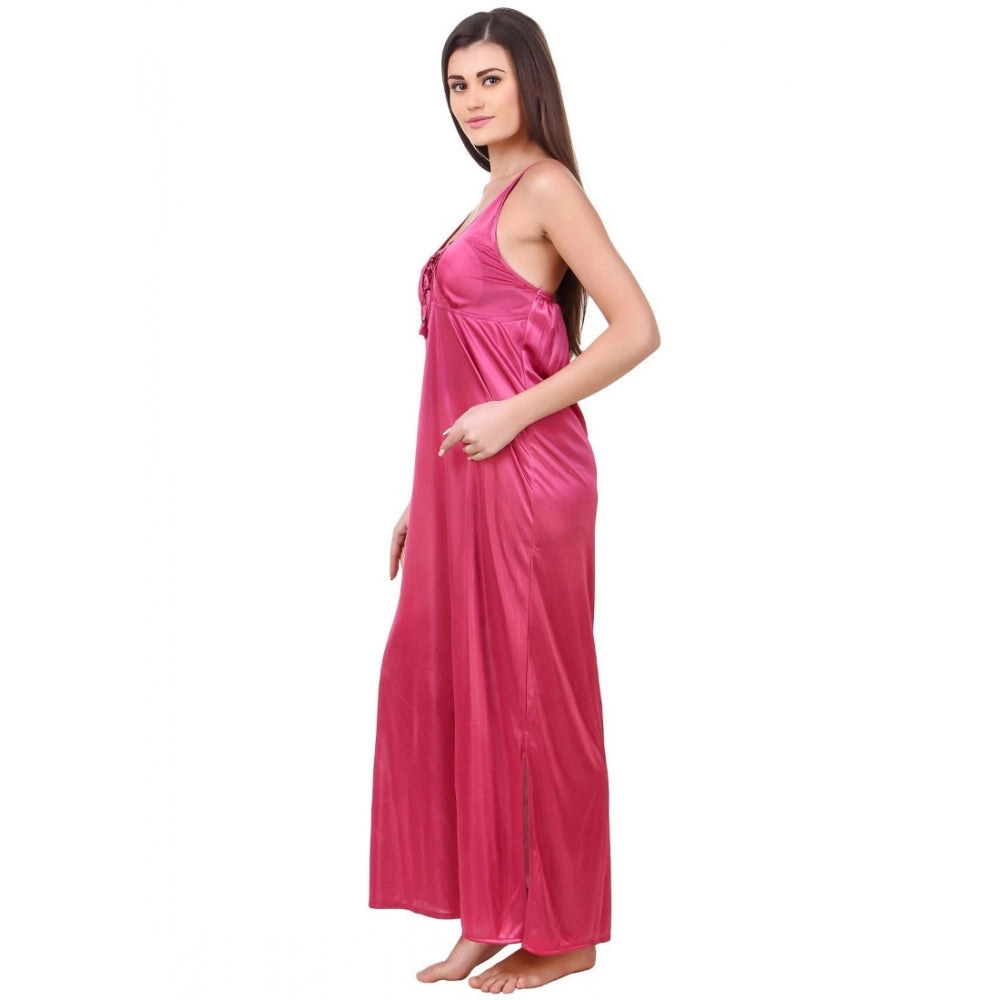 Women's Satin 2 PCs Set of Nighty And Wrap Gown with Half Sleeve(Color: Coral Pink, Neck Type: V Neck)