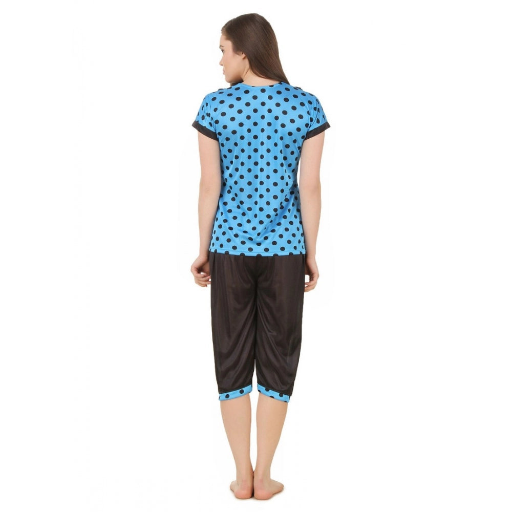 Women's Satin 3 Pc Set of Short Nighty, Top, Capry Half Sleeve(Color: Blue, Neck Type: V Neck)