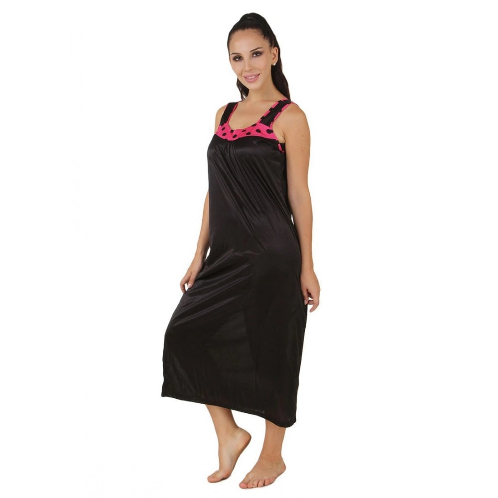Women's Satin Long Nighty with Sleeve Less(Color: Coral Pink and Black, Neck Type: U Neck)