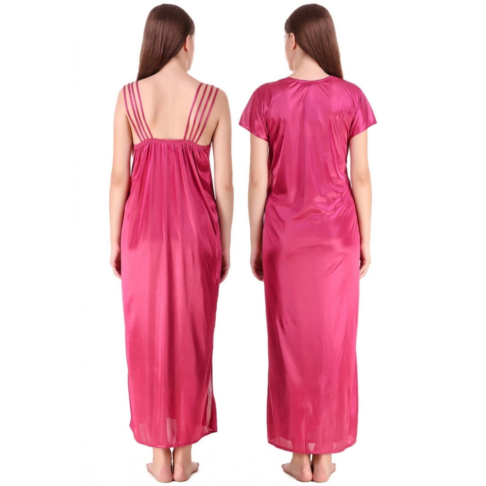 Women's Satin 2 PCs Set of Nighty And Wrap Gown with Half Sleeve(Color: Coral Pink, Neck Type: V Neck)