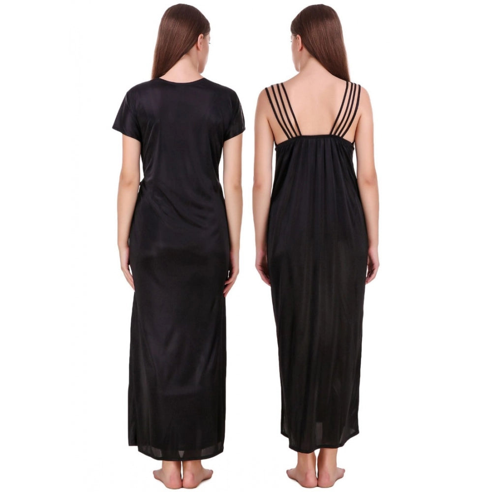 Women's Satin 2 PCs Set of Nighty And Wrap Gown with Half Sleeve(Color: Black, Neck Type: V Neck)
