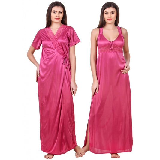 Women's Satin 2 PCs Set of Nighty And Wrap Gown with Half Sleeve(Color: Coral Pink, Neck Type: Sweatheart Neck)