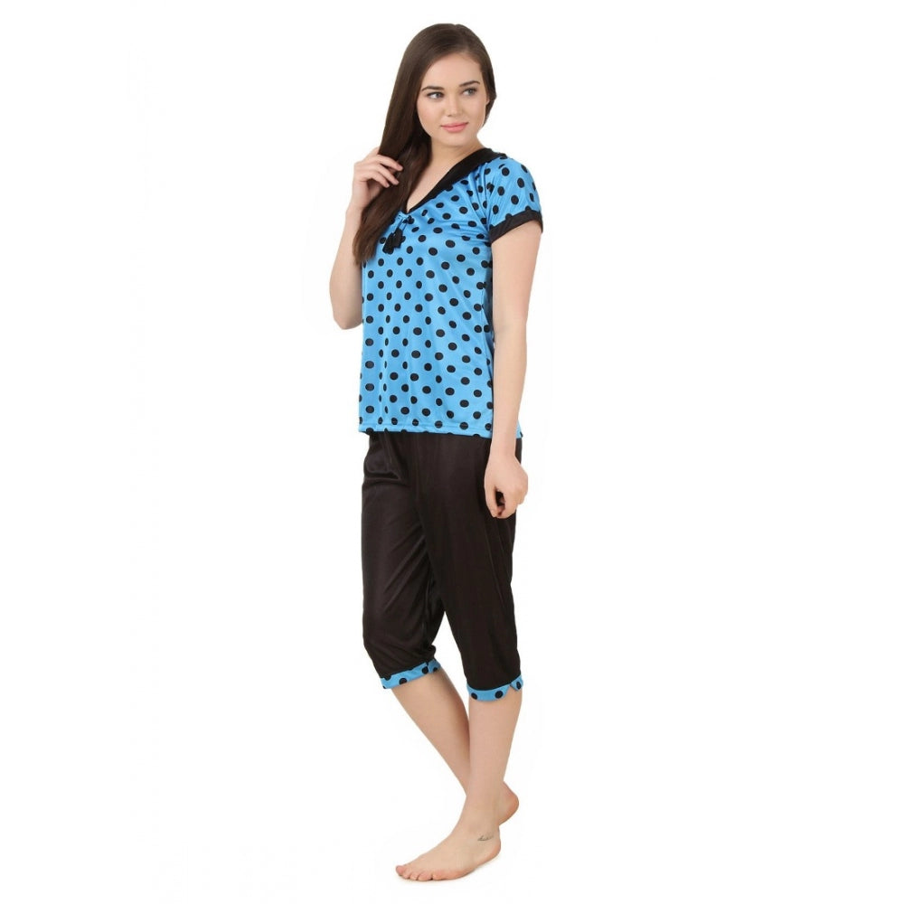 Women's Satin 3 Pc Set of Short Nighty, Top, Capry Half Sleeve(Color: Blue, Neck Type: V Neck)