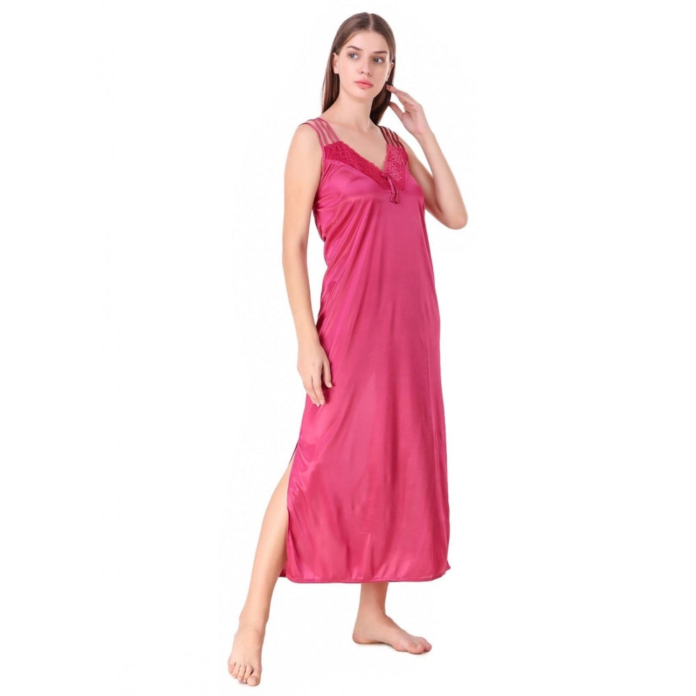 Women's Satin 2 PCs Set of Nighty And Wrap Gown with Half Sleeve(Color: Coral Pink, Neck Type: V Neck)