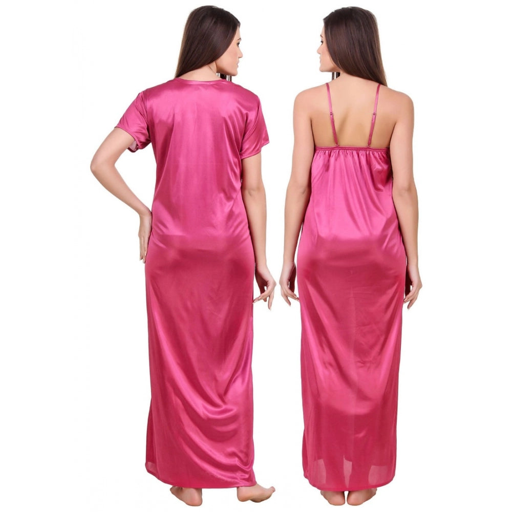 Women's Satin 2 PCs Set of Nighty And Wrap Gown with Half Sleeve(Color: Coral Pink, Neck Type: V Neck)
