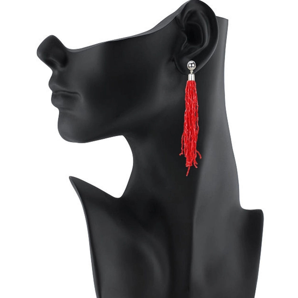 Women's Alloy, Beads Hook Dangler Hanging Earring (Color: Red)