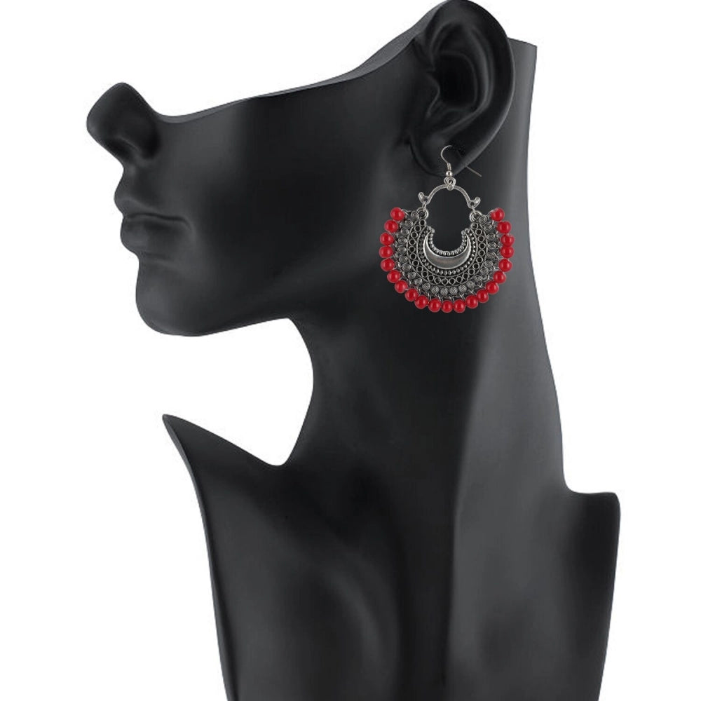 Women's Silver Plated Hook Dangler Hanging Beads Earring (Color: Red)