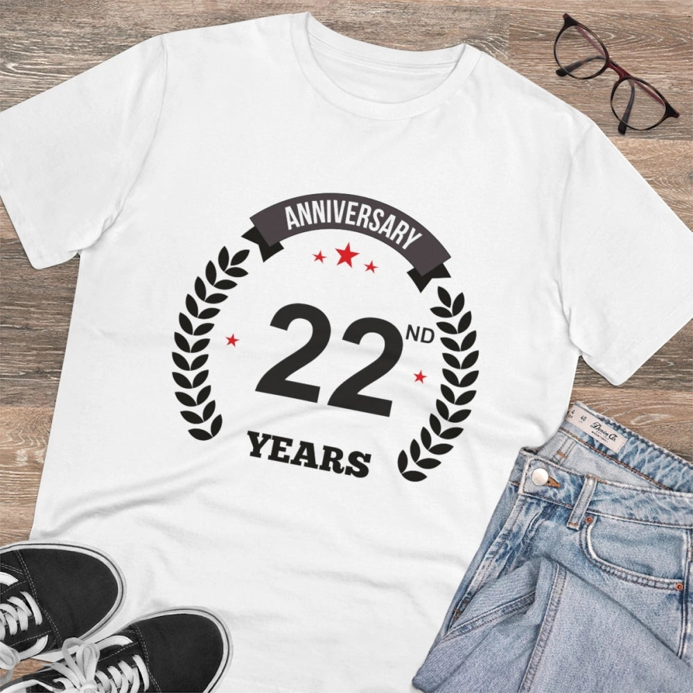 Men's PC Cotton 22nd Anniversary Printed T Shirt (Color: White, Thread Count: 180GSM)