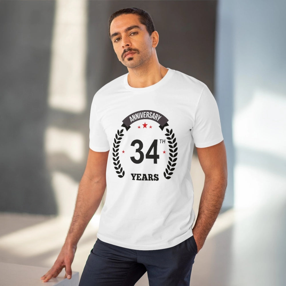 Men's PC Cotton 34th Anniversary Printed T Shirt (Color: White, Thread Count: 180GSM)