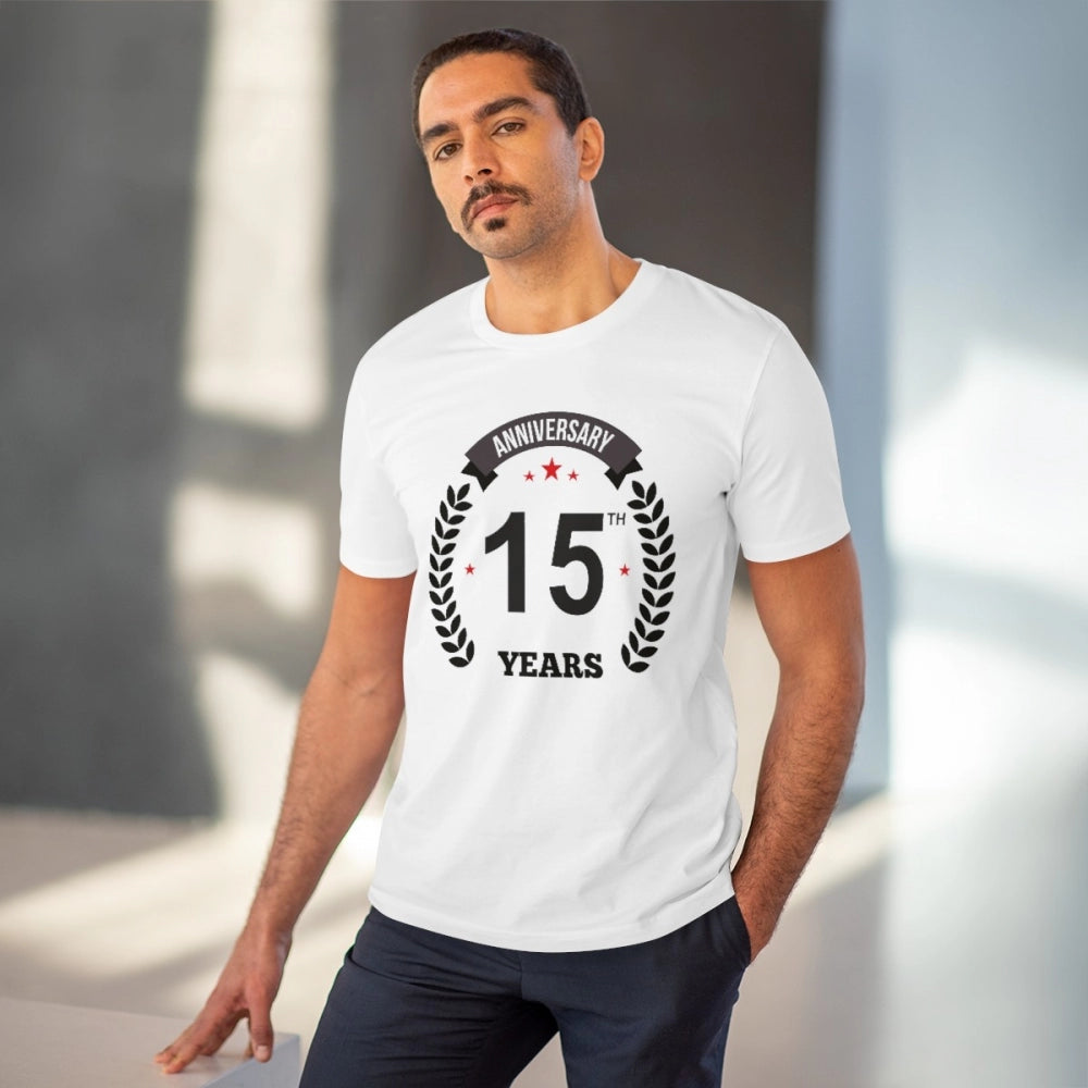 Men's PC Cotton 15th Anniversary Printed T Shirt (Color: White, Thread Count: 180GSM)