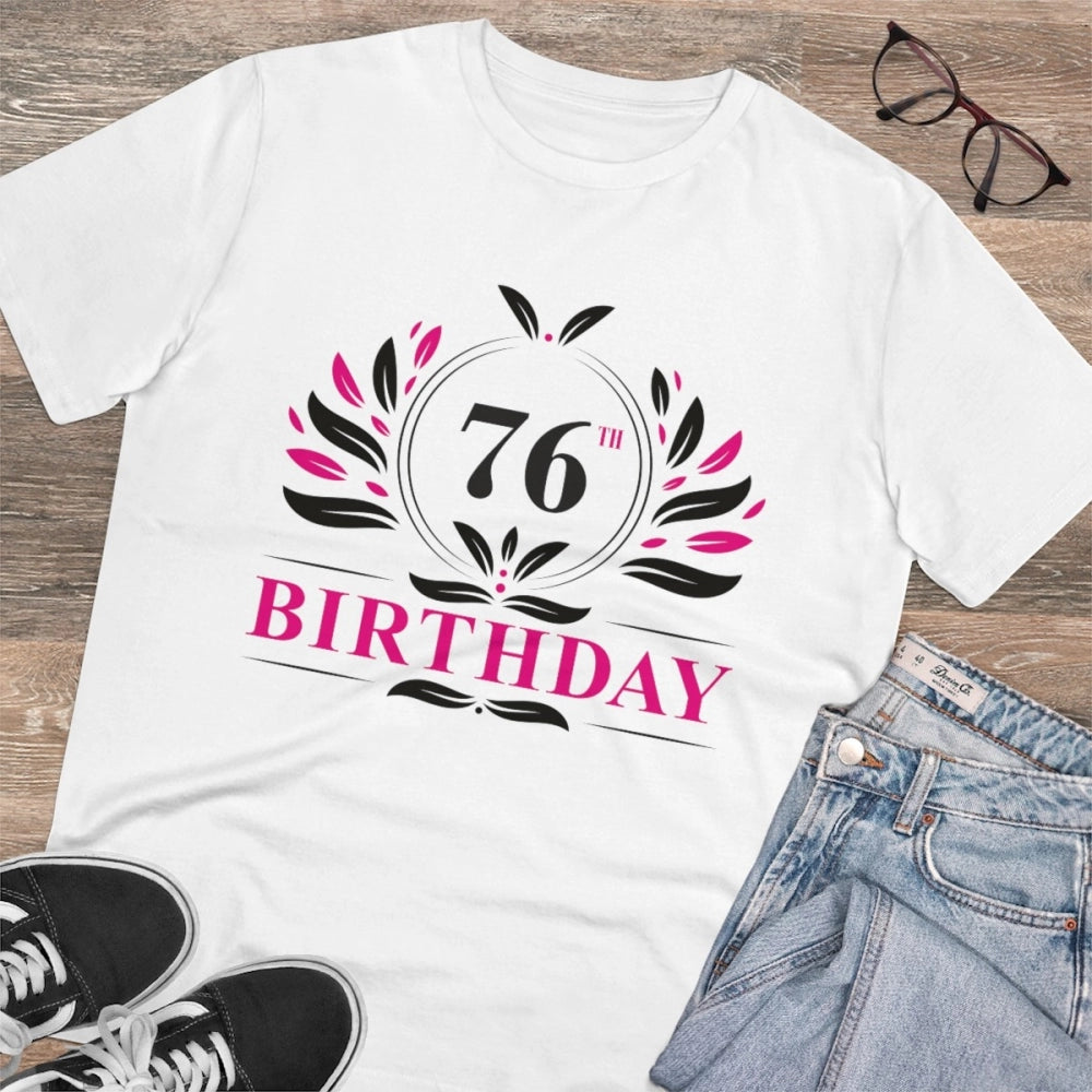 Men's PC Cotton 76th Birthday Printed T Shirt (Color: White, Thread Count: 180GSM)