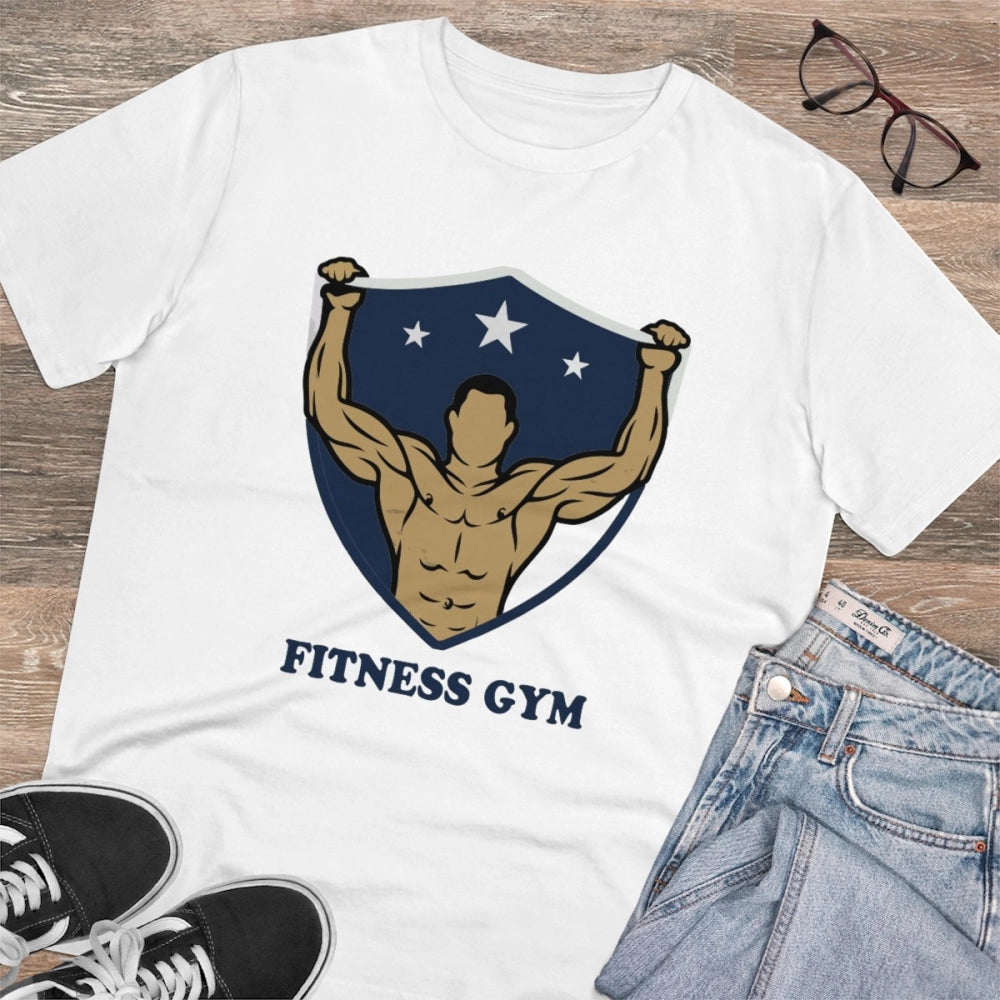 Men's PC Cotton Fittnes Gym Printed T Shirt (Color: White, Thread Count: 180GSM)
