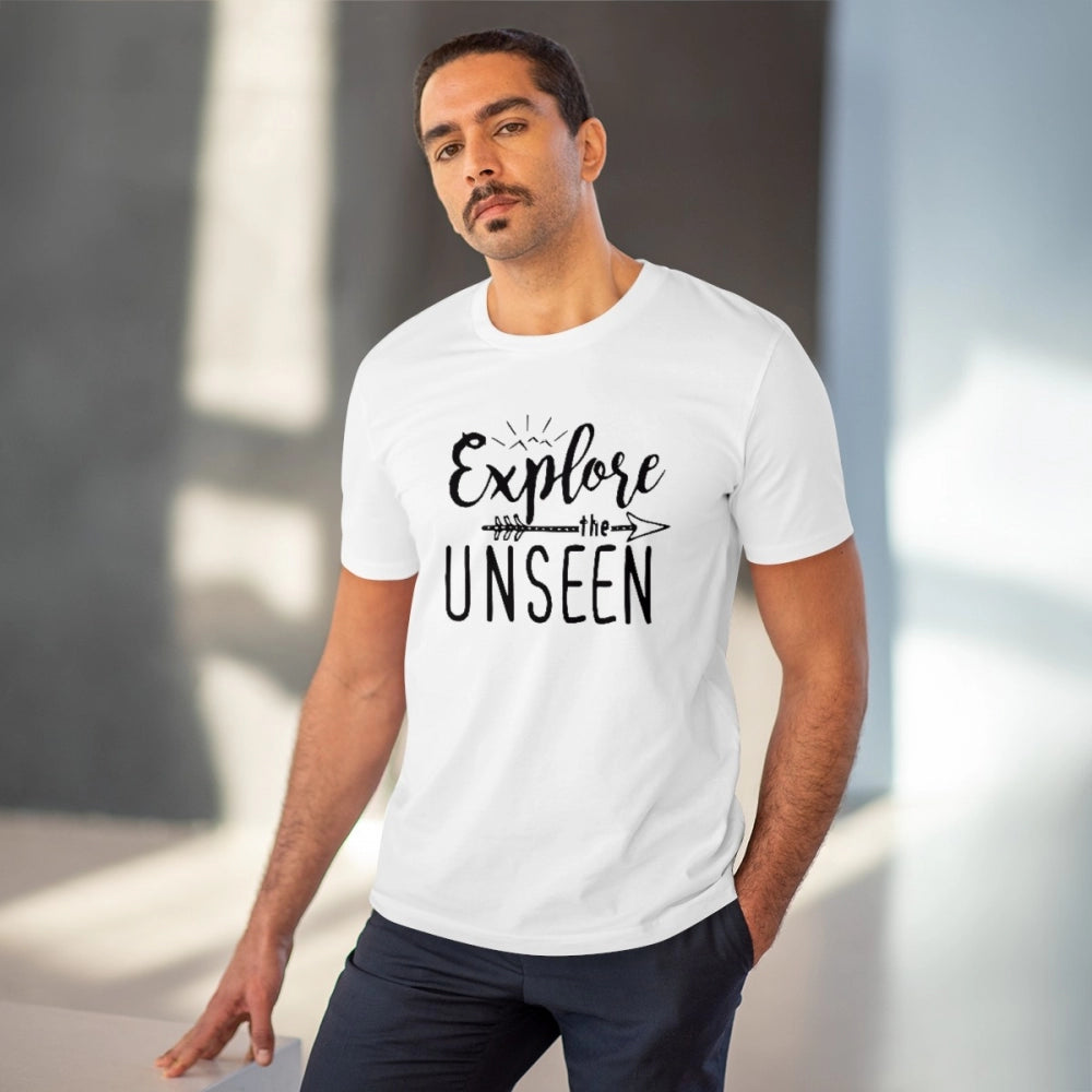 Men's PC Cotton Explore The Unseen Printed T Shirt (Color: White, Thread Count: 180GSM)
