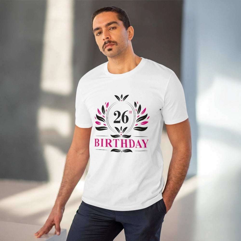 Men's PC Cotton 26th Birthday Printed T Shirt (Color: White, Thread Count: 180GSM)