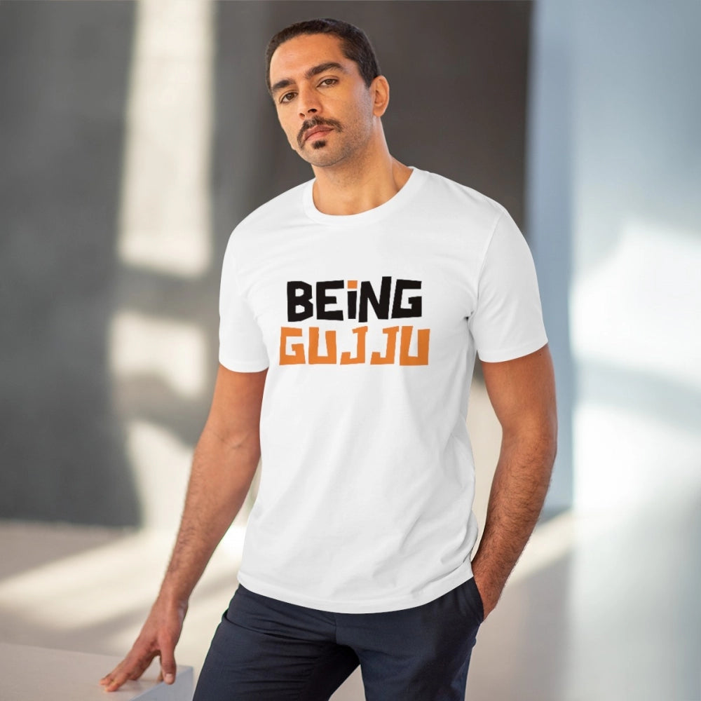 Men's PC Cotton Being Gujju Printed T Shirt (Color: White, Thread Count: 180GSM)