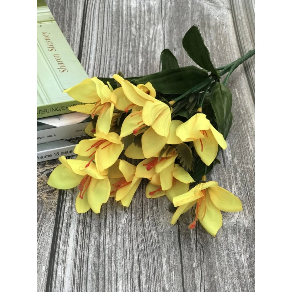 Generic Artificial Flowers Bunch Bouquet Oflily Flowers For Home Decoration (Yellow, Material:Silk, Polyester)