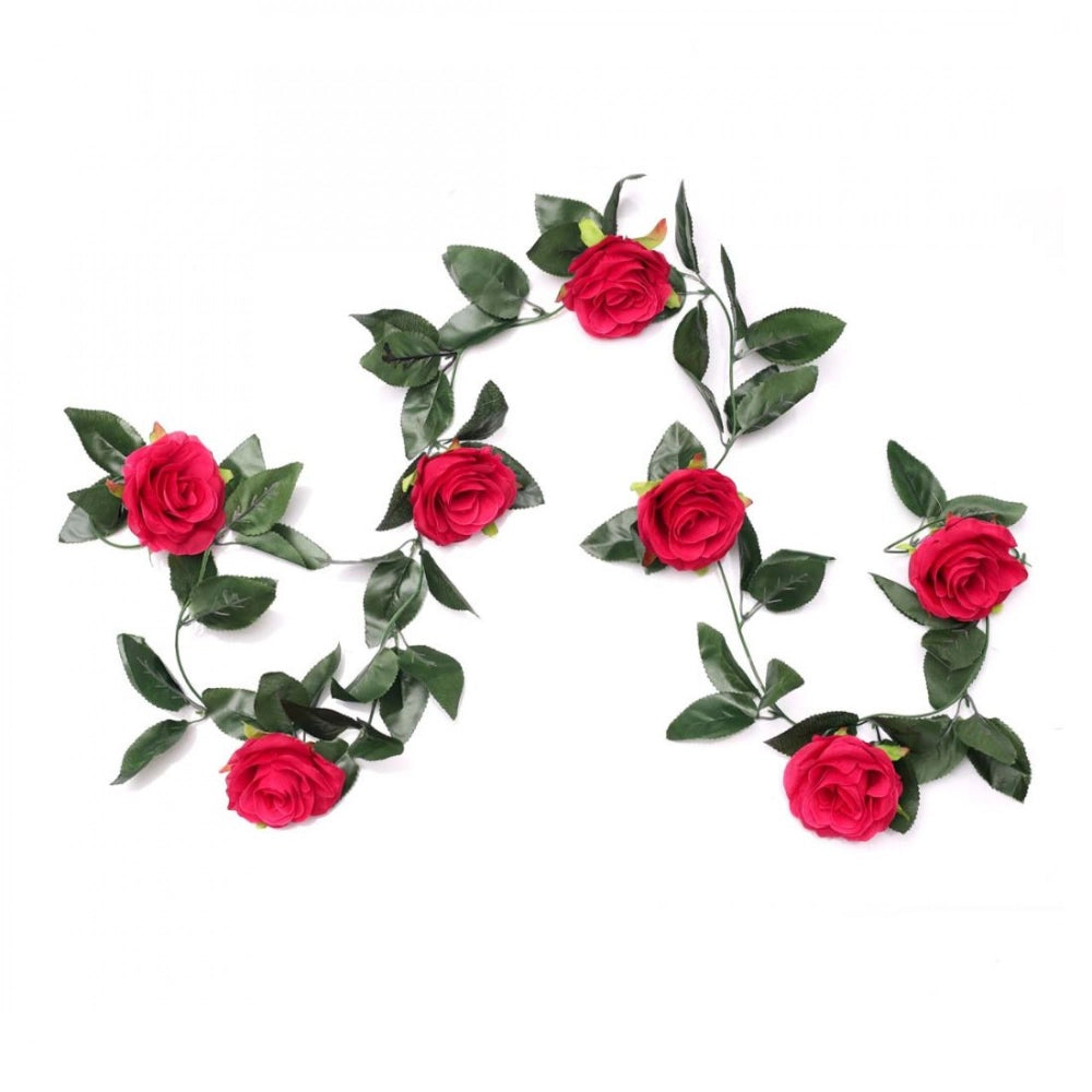 Artificial Rose Vine Flowers With Green Leaves For Home Party Garden Wall Decoration (Rani Pink, Material:Silk, Polyester)