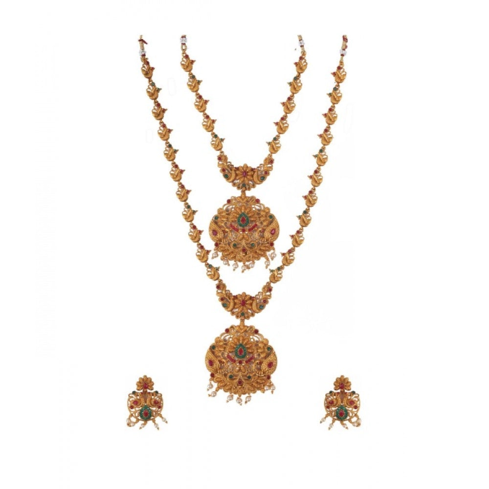 Women's Elegent And Modern Double Line Temple Jewellery Set (Red And Green, Free Size)