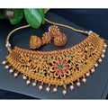 Generic Women's Elegent Temple Chokwer Set With Earrings (Red And Green, Free Size)