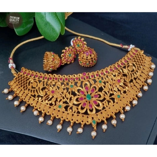 Women's Elegent Temple Chokwer Set With Earrings (Red And Green, Free Size)