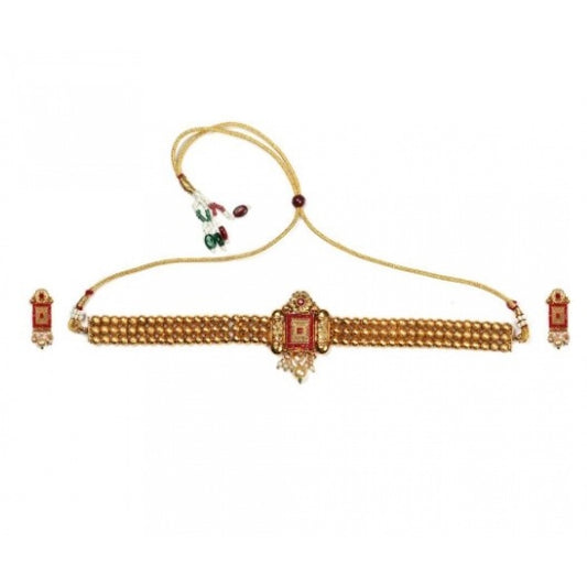 Women's Elegent And Modern Gold Plated Chowker Set (Red, Free Size)