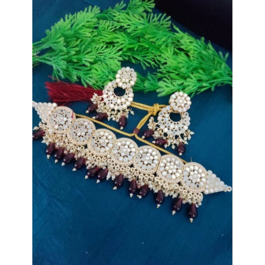 Women's Necklace Chowker Set (Maroon, Free Size)