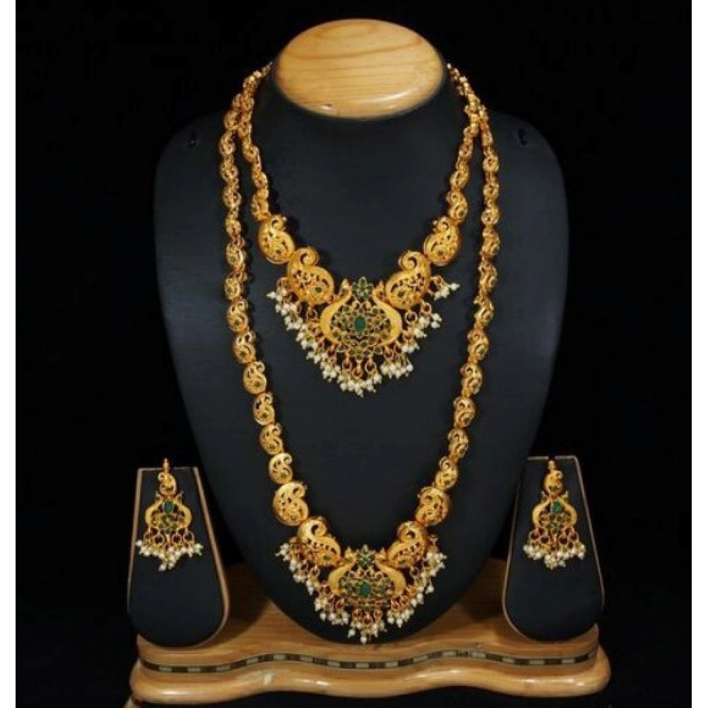 Women's Elegent Temple Jewellery Set With Earrings (Green, Free Size)