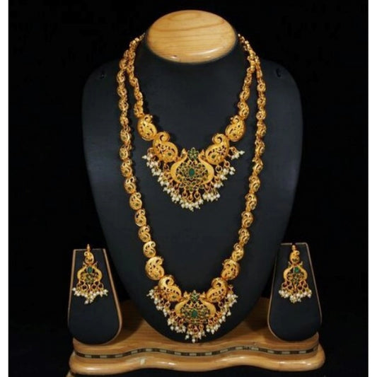 Women's Elegent Temple Jewellery Set With Earrings (Green, Free Size)
