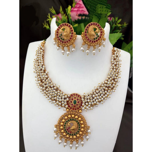 Women's Gold Plated Temple Necklace and Earrings Set (White, Free Size)