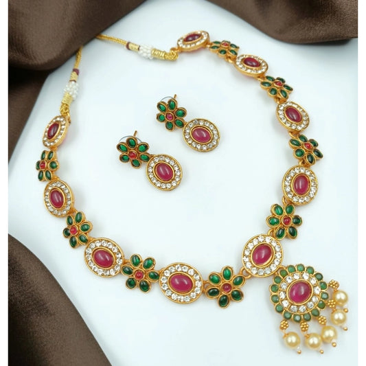 Women's Temple Elegance Gold Plated Necklace and Earrings Set (Multi Color, Free Size)