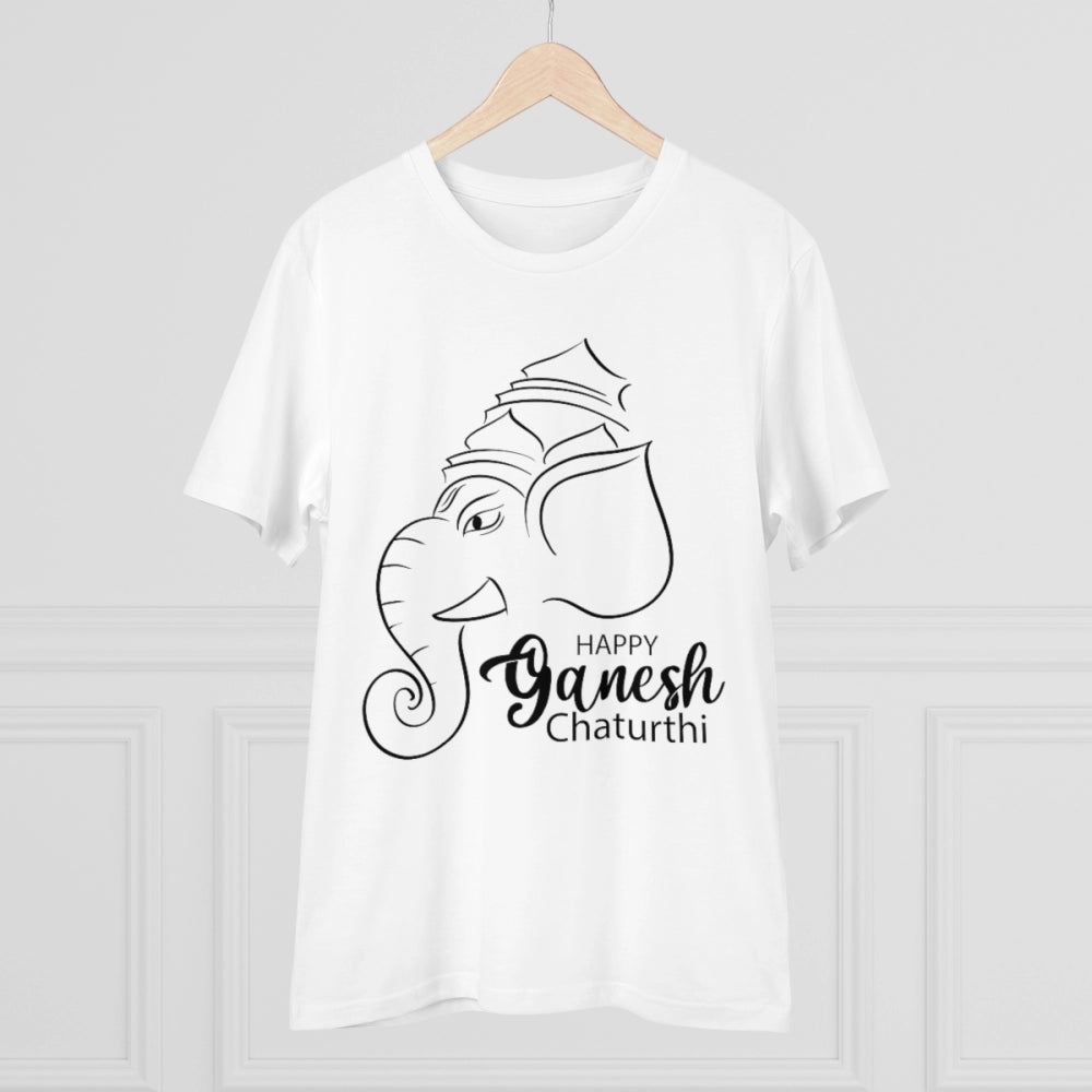 Men's PC Cotton Ganesh Printed T Shirt (Color: White, Thread Count: 180GSM)