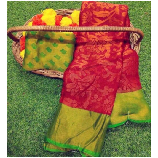 Women's Viscose Rayon Printed Saree With Unstitched Blouse (Pink)