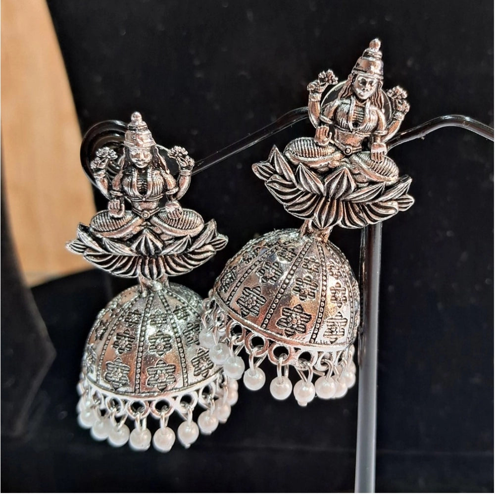 Women's Silver Color Goddess Laxmi Temple Oxidised Earrings
