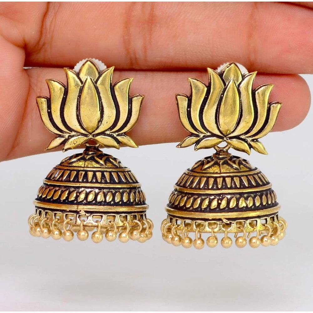 Women's Handmade Gold Plated Lotus Shape Oxidised Jhumki