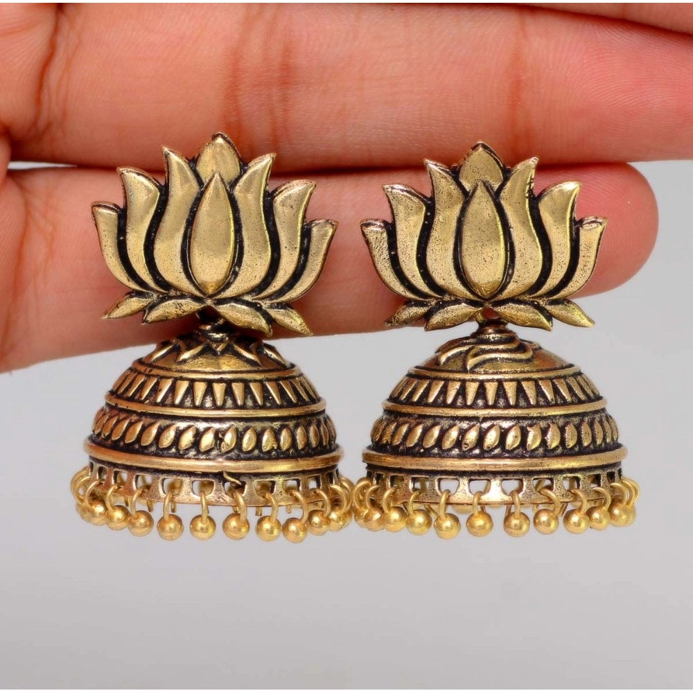Women's Handmade Gold Plated Lotus Shape Oxidised Jhumki