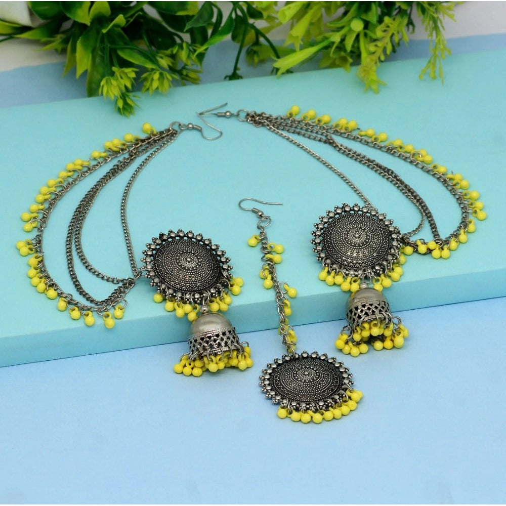 Women's Yellow Color Oxidised Earrings Tikka Set