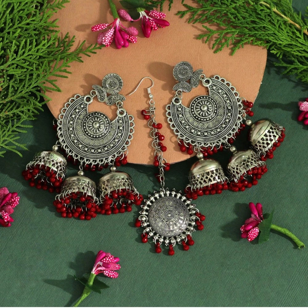 Women's Maroon Color Oxidised Earrings Tikka Set