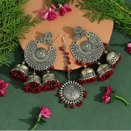 Women's Maroon Color Oxidised Earrings Tikka Set