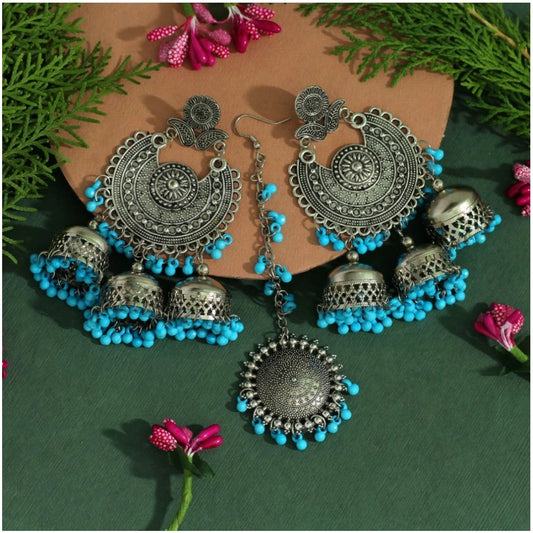 Women's Firozi Color Oxidised Earrings Tikka Set