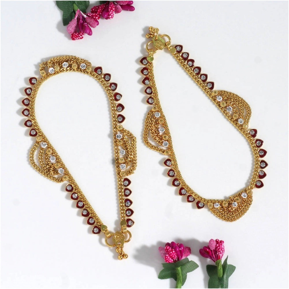Generic Women's Maroon Color Rhinestone Anklets (Free Size: Upto 10")