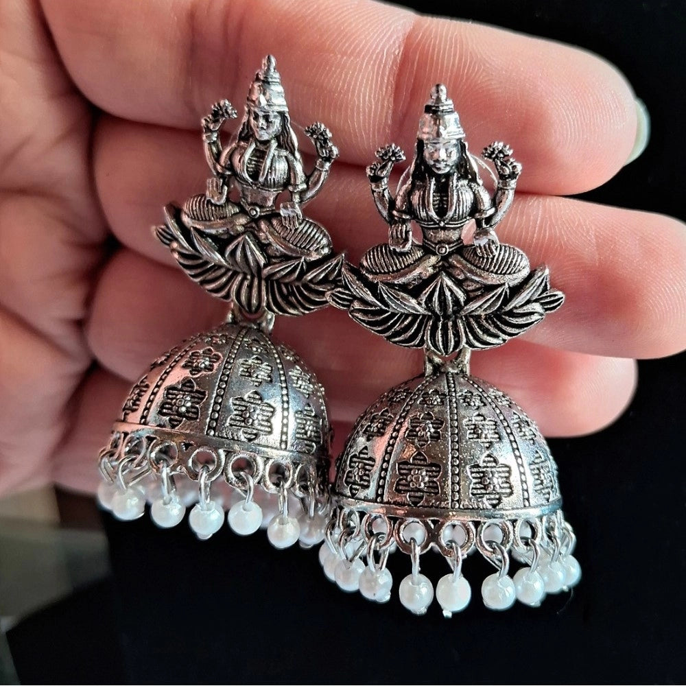 Women's Silver Color Goddess Laxmi Temple Oxidised Earrings