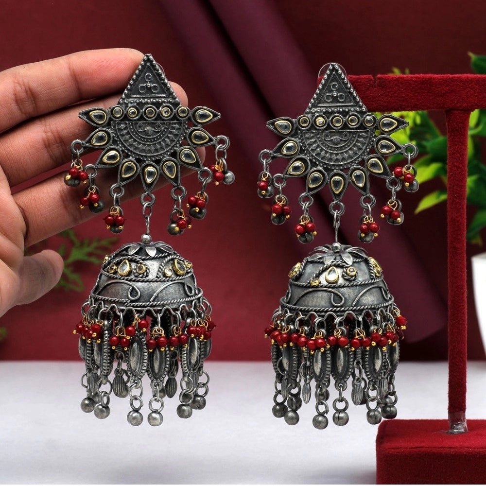 Women's Maroon Color Oxidised Big Jhumka Earrings