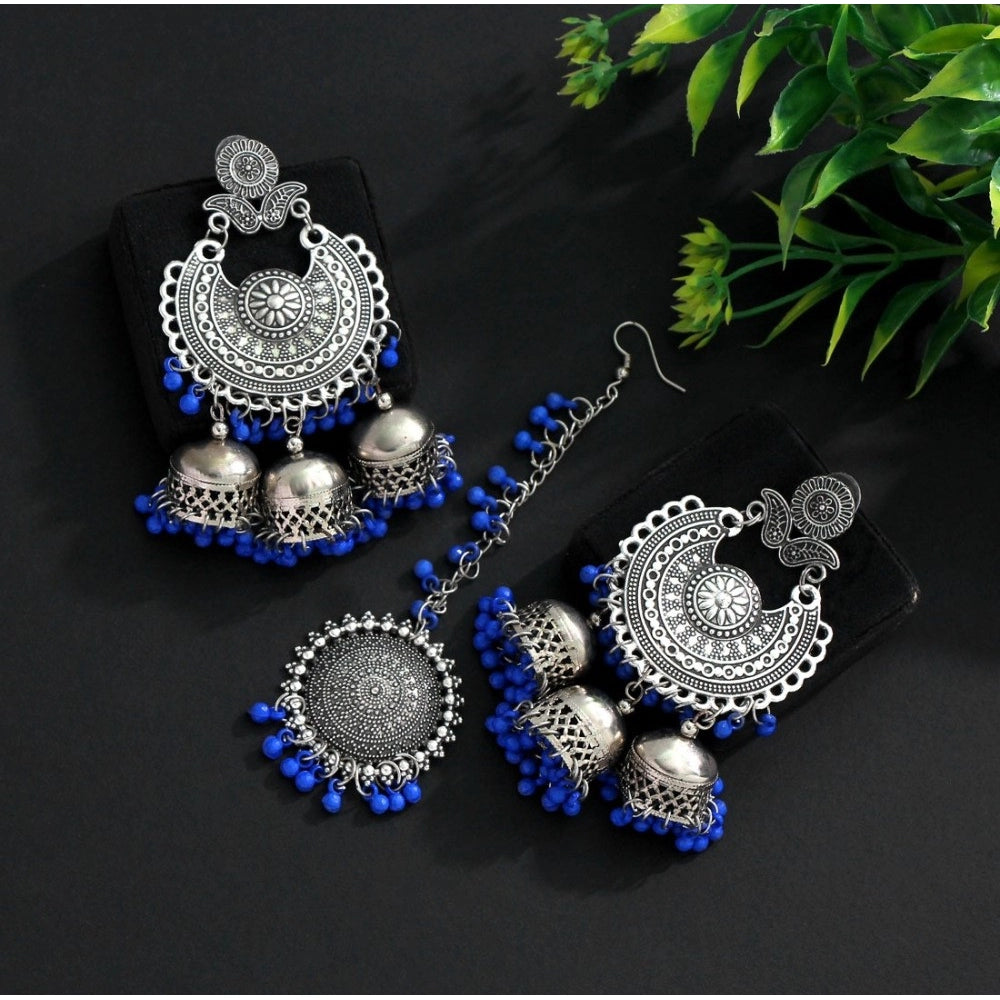 Generic Women's Blue Color Oxidised Earrings Tikka Set