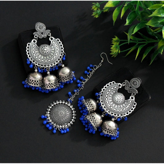 Women's Blue Color Oxidised Earrings Tikka Set