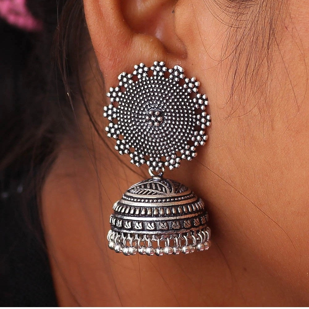 Women's Oxidised Silver Plated Handmade Jhumka Brass Earrings