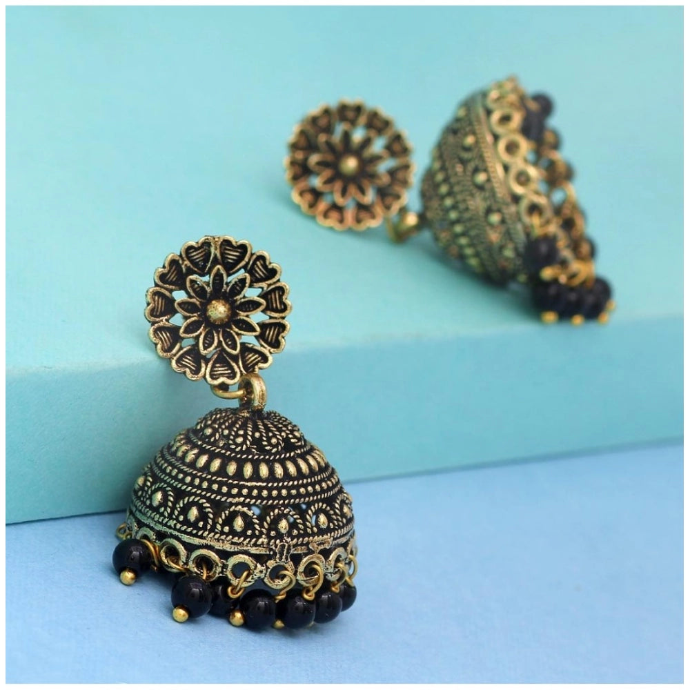 Women's Rajasthani Traditional Wedding Collection Floral Design Gold Oxidised Black Color Jhumki Earrings