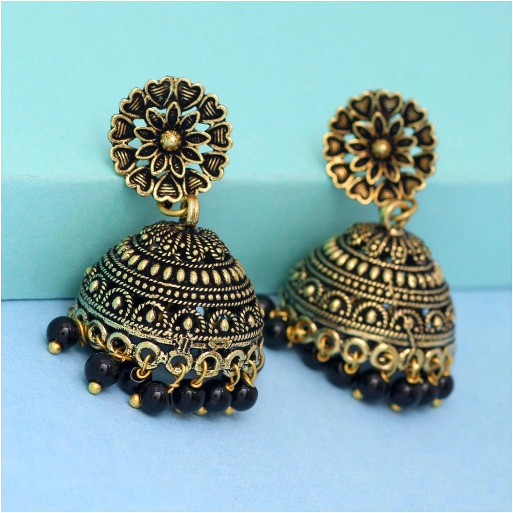 Women's Rajasthani Traditional Wedding Collection Floral Design Gold Oxidised Black Color Jhumki Earrings