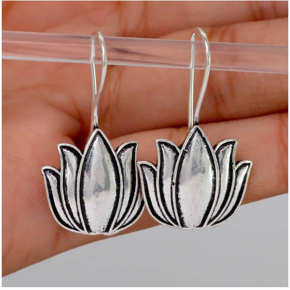 Women's Lotus Oxidised Silver Plated Stud Dangler Earrings